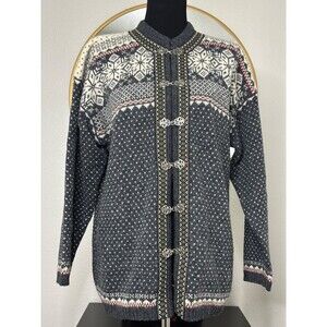 Vintage Squaw Valley Wool Nordic Cardigan Sweater Medium Gray Clasp Fair Isle